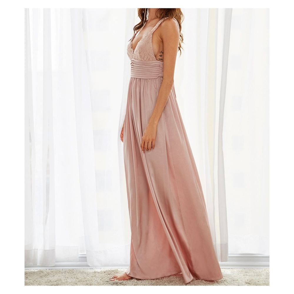 Blush Pink Satin Lace Maxi Dress - Picture 3 of 7
